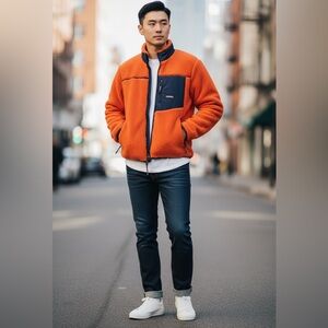 NWT AMBUSH logo-print fleece Sherpa jacket in Orange & Navy Size S